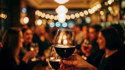 Two hands toast with red wine glasses at lively social gathering featuring warm string lights and blurred people enjoying the festive intimate atmosphere - Powered by Adobe
