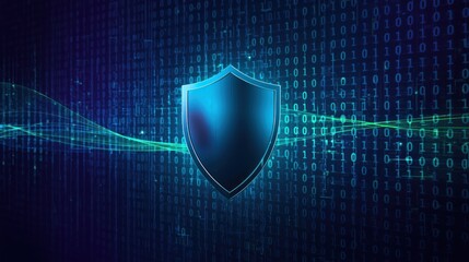 Digital protection shield guarding against cyber attacks on a binary code background, symbolizing internet security