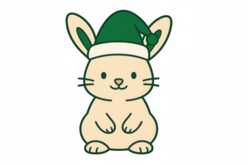 Cute rabbit wearing green elf hat, celebrating christmas and holiday season, cartoon animal character illustration