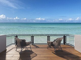 Scenic sunset view from modern balcony with two wicker chairs and cozy blanket overlooking calm sea horizon, sky with clouds, relaxing vacation mood, peaceful oceanfront terrace lifestyle. Terrace.

