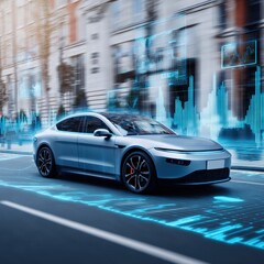 Fototapeta premium Futuristic Silver Electric Car Driving on City Street with Digital Data Overlay - Modern Transportation