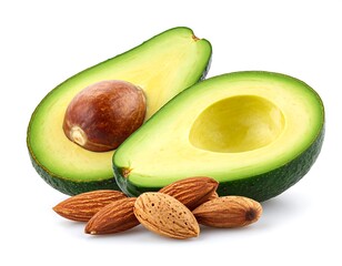 Two halves of a vibrant green avocado, with a few almonds beside them, on a plain white background