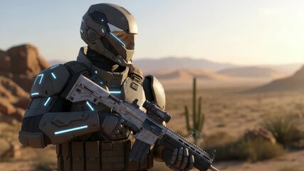 futuristic armored soldier in dark grey suit with glowing blue accents holds detailed light-colored assault rifle Standing in vast desert with distant mountains and cacti under golden sky - Powered by Adobe