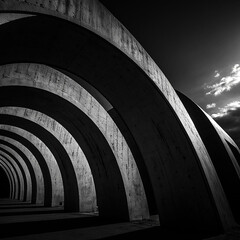 Abstract Brutalist Architecture: A Dramatic Perspective of Concrete Arches in Black and White