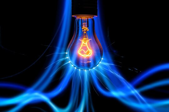 Futuristic glowing light bulb illustration with polygonal wireframe on dark neon background. Represents innovation, creativity, technology, brainstorming, and idea generation for business, education,