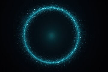 Obraz premium Luminous teal ring of particles on black with sparkling bokeh and radiant energy glow