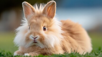 Cute Lionhead Rabbit Resting on Green Grass, Soft Focus Background, Lovely Pet Portrait