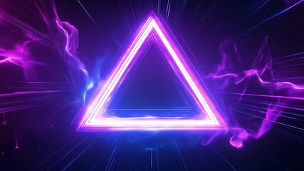 A radiant triangle zooms through cosmic space, surrounded by bright purple rays and glowing nebula clouds - Powered by Adobe