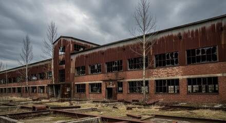 Fototapeta premium Desolate Abandoned Industrial Building Featuring Rusty Walls, Broken software, and Leafless Trees on an Overcast Day, Illustrating