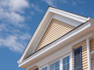 Gable End of a Suburban Home Featuring Siding, Windows, and Shutters Against a Blue Sky