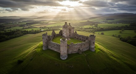 Ancient castle ruins on a hillside with sun rays shining down