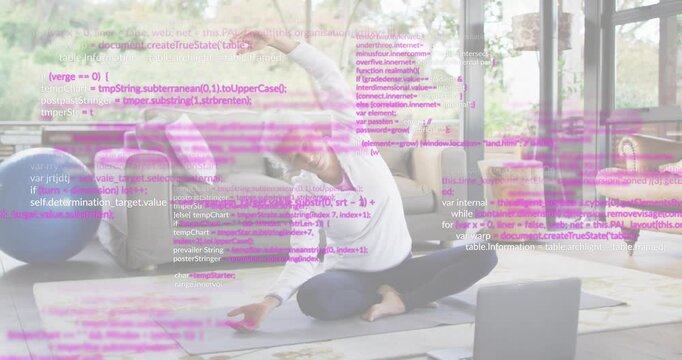 Mature woman following laptop prompt and performing side-stretch in fitness with pink code overlay
