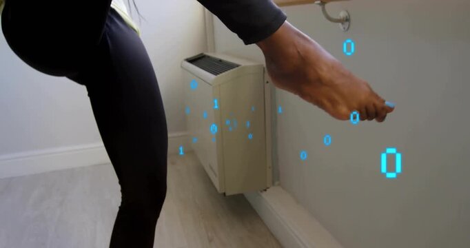 Female dancer shifting weight placing foot on barre with binary overlay showing hamstring stretch