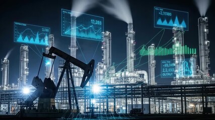 Nighttime industrial scene with an oil pumpjack and refinery Digital overlays of real-time data graphs and glowing lines illustrate advanced monitoring technology across the complex - Powered by Adobe
