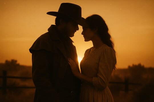 Cinematic old west romance couple embracing under desert sky with hat shadowed profiles - Powered by Adobe
