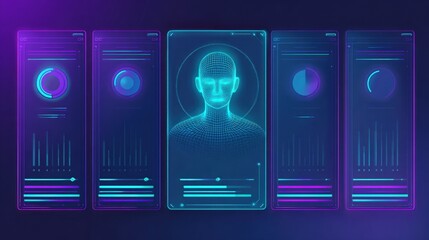 Futuristic Interface with Human Head Scan: AI, Data Analysis, and Cybersecurity Visuals for Modern Technology