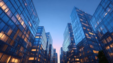 Fototapeta premium Elegant glass towers stretch toward a glowing sky, the sunset light enriching their surfaces in a dramatic display of urban architecture.