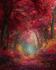 Fototapeta premium Crimson Canopy - Enchanted Forest Path with Dreamy, Ethereal Light.