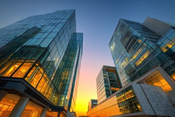 Fototapeta premium Elegant glass towers stretch toward a glowing sky, the sunset light enriching their surfaces in a dramatic display of urban architecture.