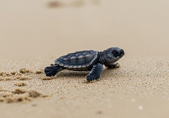 Baby Sea Turtle's Journey: Capture the spirit of new life with a close-up shot of a baby sea turtle making its initial steps on sandy beach.