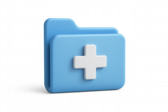Medical data folder icon presenting a plus sign, creating a health record concept for adding new patient information