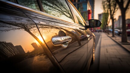 Car Door Handle Reflecting Urban Sunset, Stylish Vehicle Exterior, Luxury Transport in City Environment