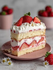 Delicious Strawberry Shortcake Slice with Whipped Cream and Fresh Strawberries on Pink Plate