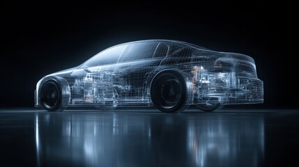 Automotive Engineering Design: Transparent Car Model Showcasing Technological Innovation and Advanced Vehicle Mechanics