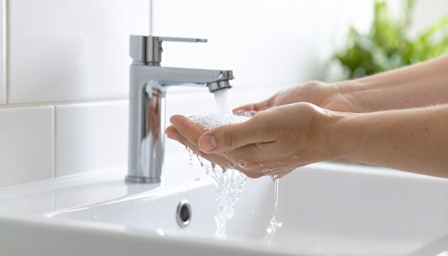Close-up shot of a person washing hands under running water from a modern faucet in a clean bathroom sink - Powered by Adobe