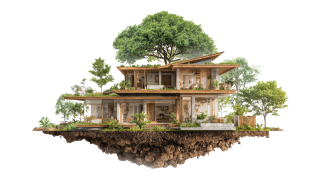 Sustainable Living Photography: Inspirational photography of sustainable living practices like eco-friendly homes, isolated on a Transparent background, PNG file.