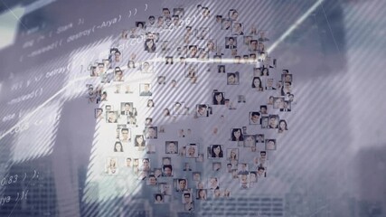 On loading, technology interface animating polyline growth across face grid showing network trends - Powered by Adobe