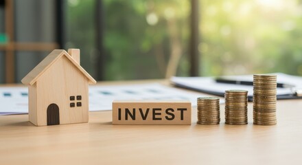 Wooden house and coins symbolizing real estate investment