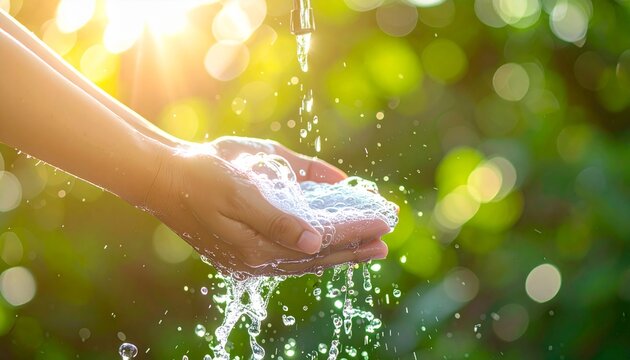 Woman washing hands with foam soap under a stream of pure water in nature with a sunny bokeh background
