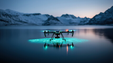 Bioluminescent drone mapping ocean floor at dusk, glowing lights reflect on calm water, surrounded by snowy mountains, futuristic technology