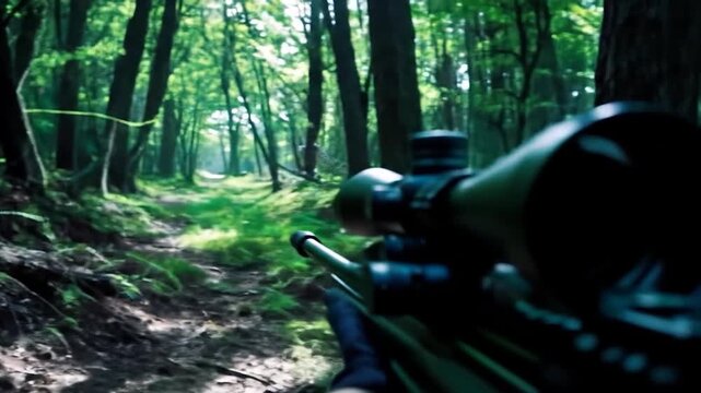 Sniper Scope View - Targeting Through Forest Trees.