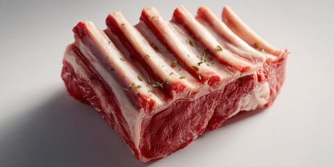 Raw Rack of Lamb Isolated on White Background, Ready for Cooking and Seasoning, High Angle