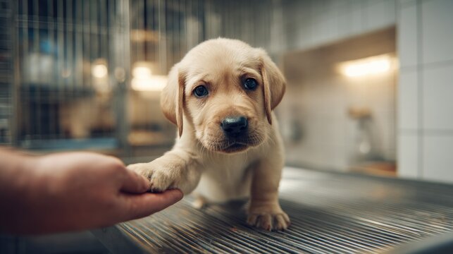 Adorable Labrador Puppy Paws at Hand in Shelter, Seeking Adoption and Compassionate Care