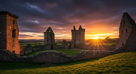 Ancient castle ruins silhouetted against a vibrant sunset sky landscape