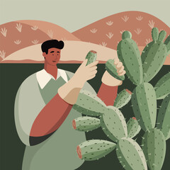 Minimalist Vector Illustration of Man Harvesting Prickly Pear Cactus