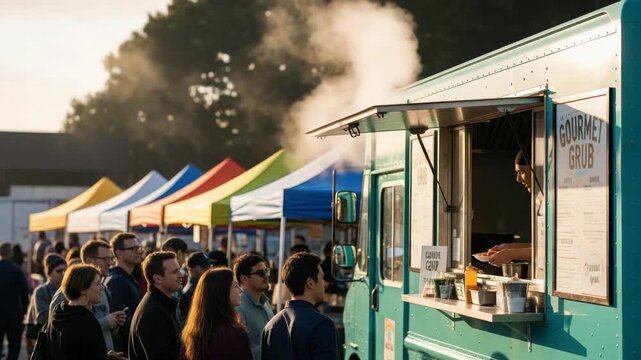 bustling outdoor market scene bathed in warm sunlight A teal food truck serves eager customers lining up vendor hands out meal Colorful market tents stand in the smoky background