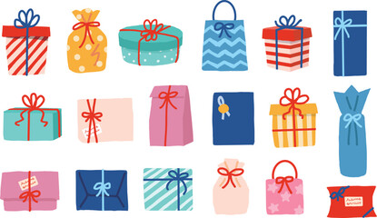 カラフルなプレゼントとギフトボックスのイラストセット