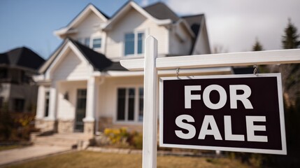 Real Estate: A 'For Sale' Sign in Front of a Modern Two-Story Suburban House