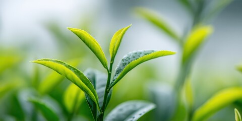 Obraz premium Close-up of vibrant green tea leaves, symbolizing freshness, health, and natural vitality in soft focus.
