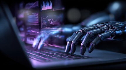 AI Driven Data Analysis: Robotic Hand Analyzing Financial Data on Laptop Display with Futuristic Interface