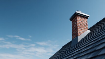 Brick Chimney on a Tiled Roof Against a Bright Blue Sky Backdrop, Home Exterior Architecture