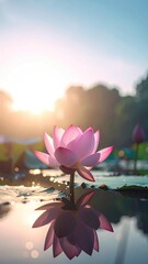 Radiant Lotus Blossom Reflection in Serene Pond at Sunrise with Vivid Pink Petals and Soft Backlighting in a Natural Setting