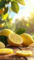 Radiant Lemons on Wood Surface with Sunlit Bokeh Background Vertical