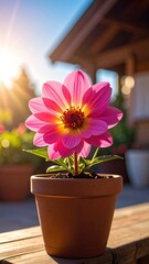 Radiant Pink Dahlia Flower in Brown Pot on Wood with Blurred Greenery and Sunlight Burst Gardening Lifestyle