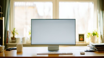 Fototapeta premium Modern Minimalist Workspace Setup: Desktop Computer on Wooden Desk with Bright Natural Light