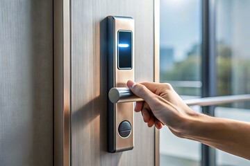 Naklejka premium Generated Image: Close-up of a person’s hand unlocking a smart door with a biometric fingerprint scanner integrated seamlessly into a minimalist door handle, bathed in soft ambient light. 